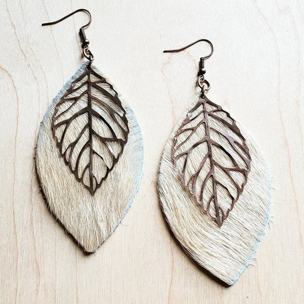 Tan Hair on Hide w/ Copper Feather | Earrings