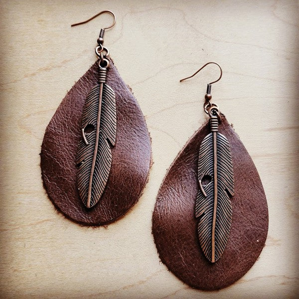 Brown Leather w/ Copper Feather | Earrings