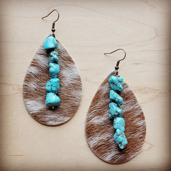 Tan/White Hair Hide w/ Turquoise | Earrings