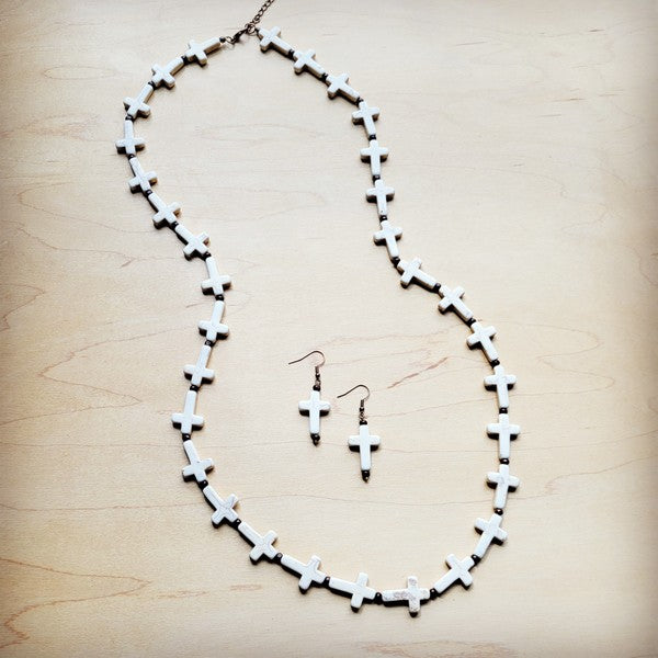 White Turquoise & Wood Beaded Cross | Necklace