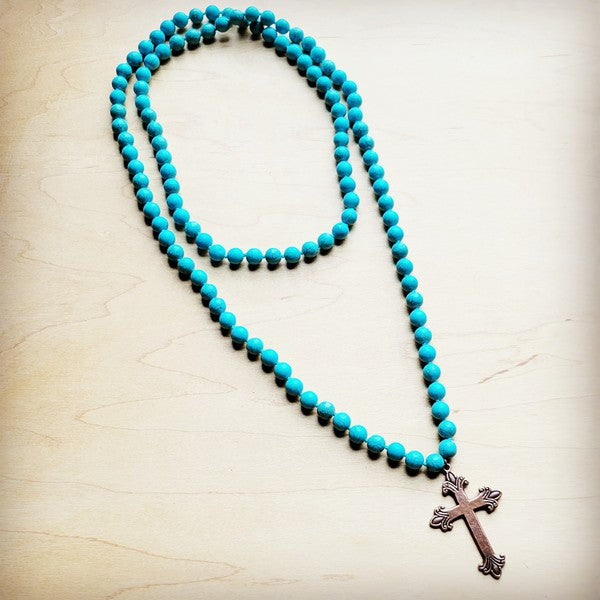 Long Turquoise Beaded w/ Copper Cross | Necklace