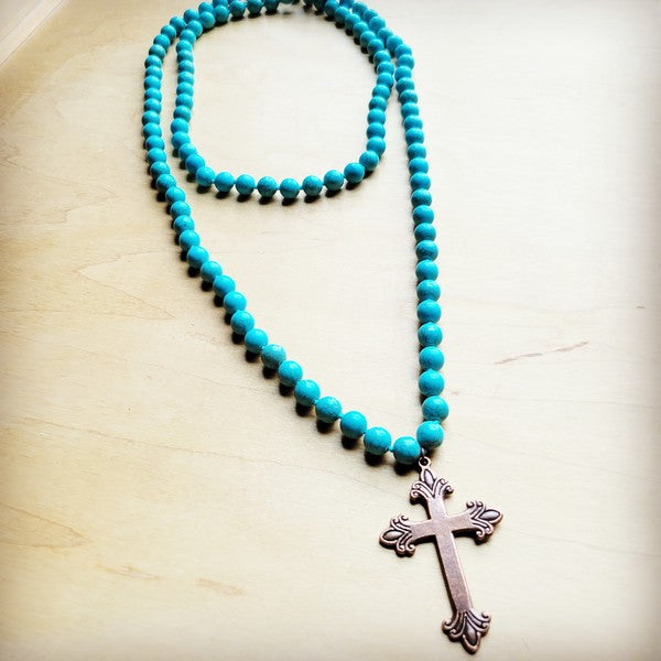 Long Turquoise Beaded w/ Copper Cross | Necklace