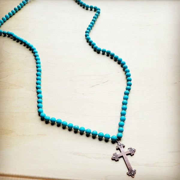 Long Turquoise Beaded w/ Copper Cross | Necklace
