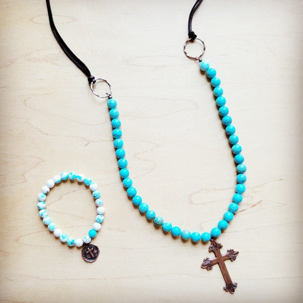 Frosted Magnesite Beaded w/ Copper Cross | Necklace