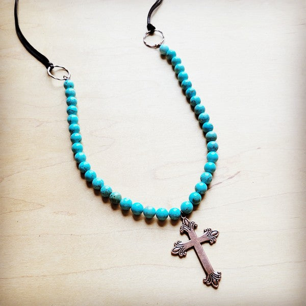 Frosted Magnesite Beaded w/ Copper Cross | Necklace