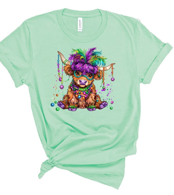 Mardi Gras Highland Cow Graphic Short Sleeve Tee