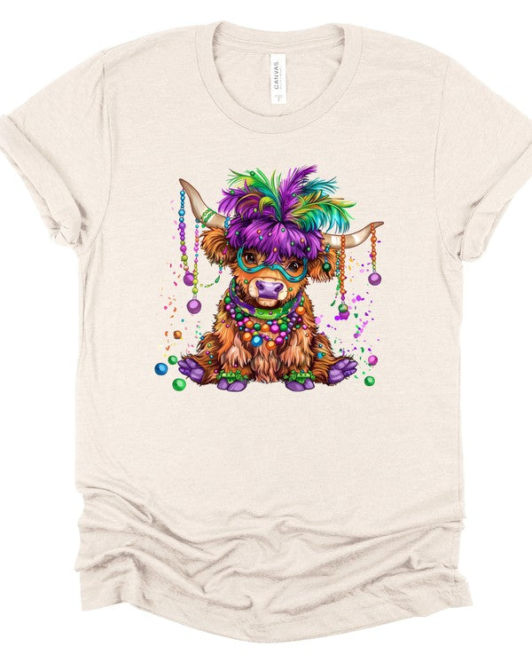 Mardi Gras Highland Cow Graphic Short Sleeve Tee