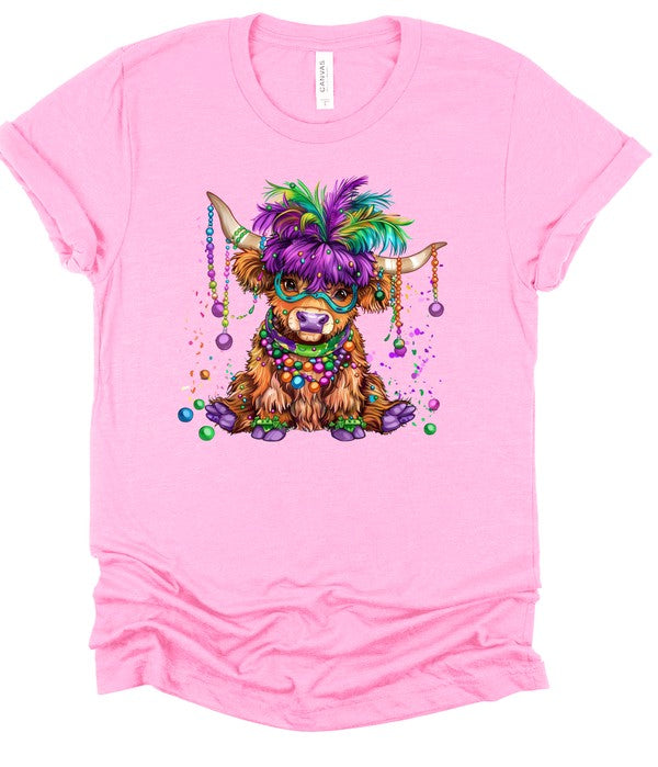 Mardi Gras Highland Cow Graphic Short Sleeve Tee