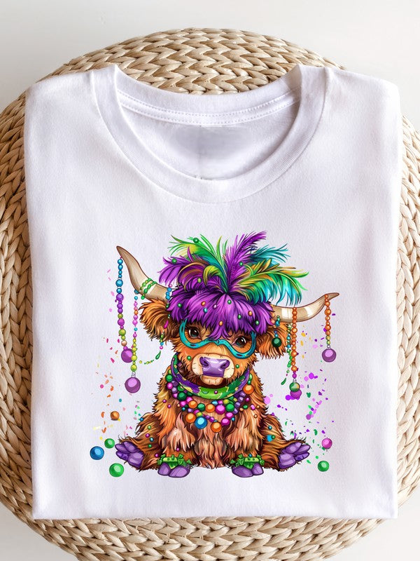 Mardi Gras Highland Cow Graphic Short Sleeve Tee