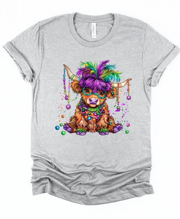 Mardi Gras Highland Cow Graphic Short Sleeve Tee