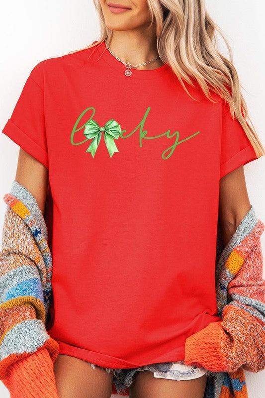 Lucky St.Patricks Day Bow Graphic Heavy Cotton Tee