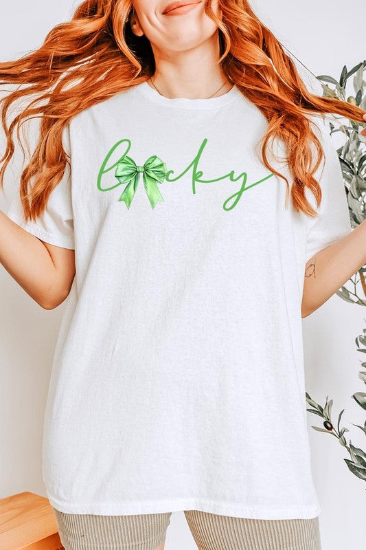 Lucky St.Patricks Day Bow Graphic Heavy Cotton Tee