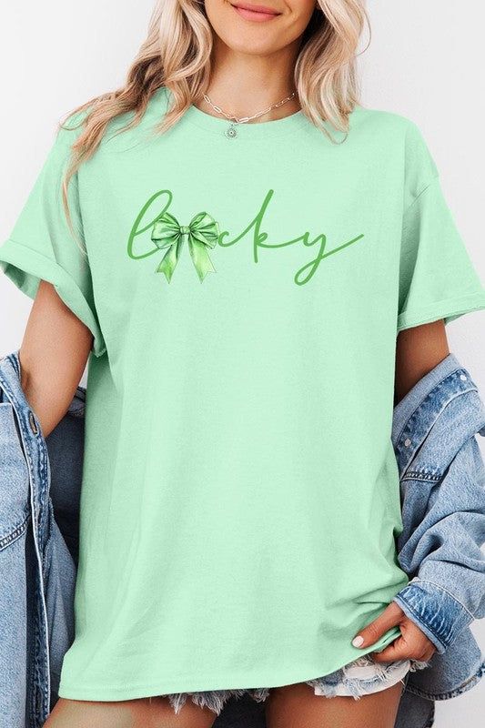 Lucky St.Patricks Day Bow Graphic Heavy Cotton Tee