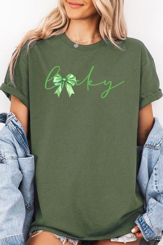 Lucky St.Patricks Day Bow Graphic Heavy Cotton Tee