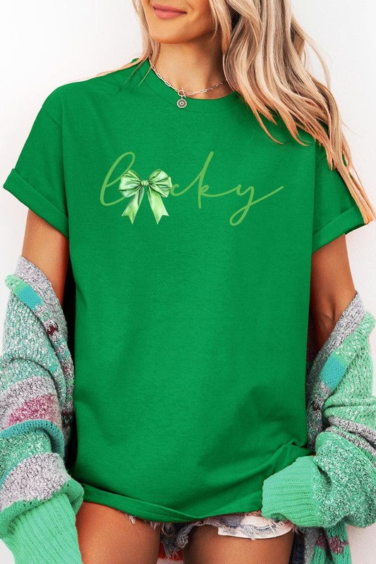 Lucky St.Patricks Day Bow Graphic Heavy Cotton Tee
