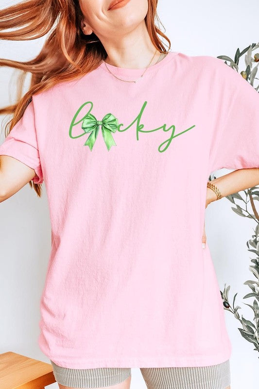 Lucky St.Patricks Day Bow Graphic Heavy Cotton Tee