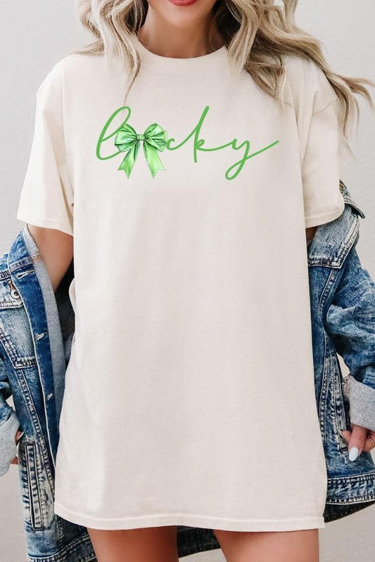 Lucky St.Patricks Day Bow Graphic Heavy Cotton Tee