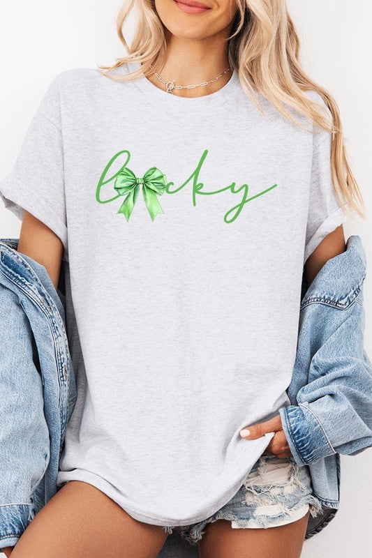 Lucky St.Patricks Day Bow Graphic Heavy Cotton Tee