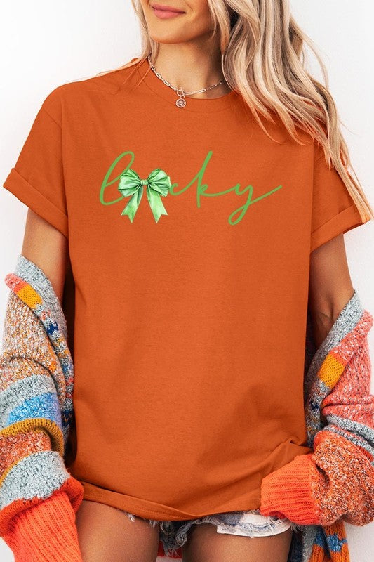Lucky St.Patricks Day Bow Graphic Heavy Cotton Tee