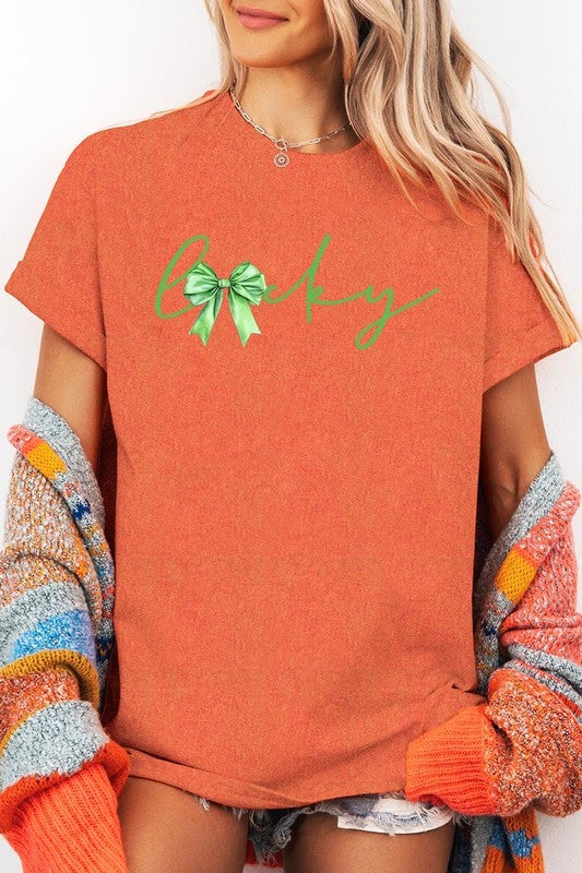 Lucky St.Patricks Day Bow Graphic Heavy Cotton Tee