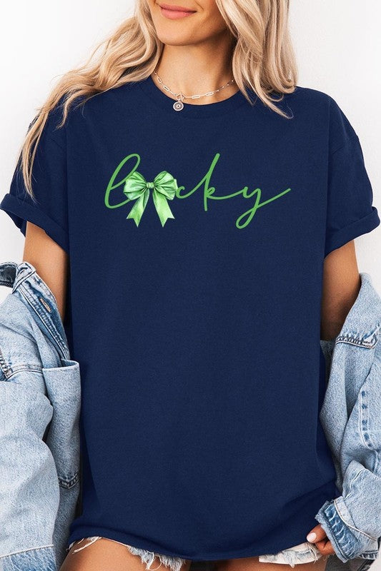 Lucky St.Patricks Day Bow Graphic Heavy Cotton Tee