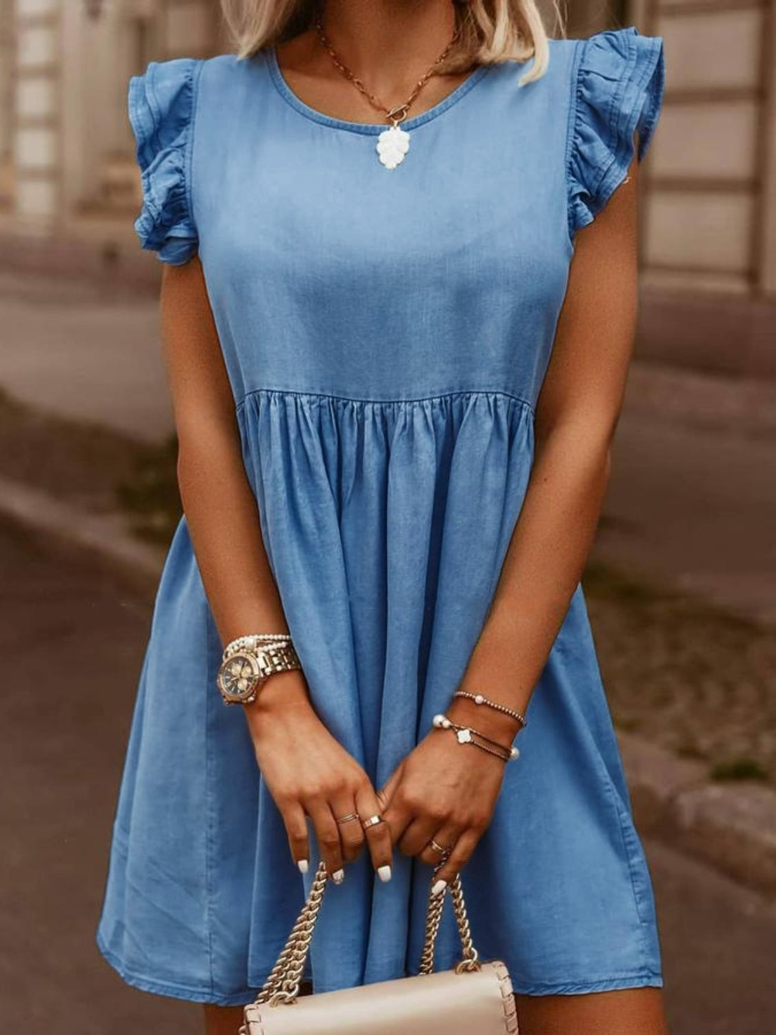Ruffled Cap Sleeve Denim | Dress