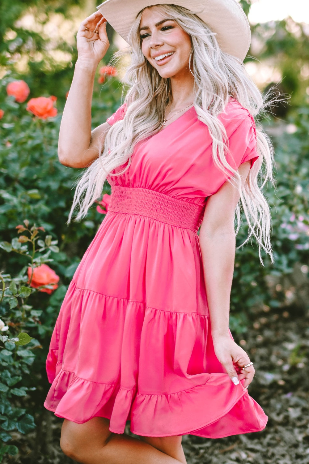 Smocked V-Neck Cap Sleeve | Dress