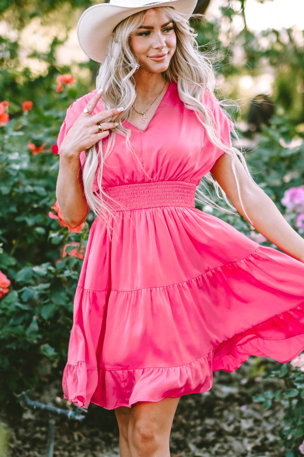 Smocked V-Neck Cap Sleeve | Dress