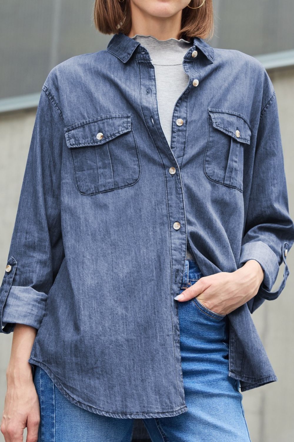 Pocketed Long Sleeve Denim | Top