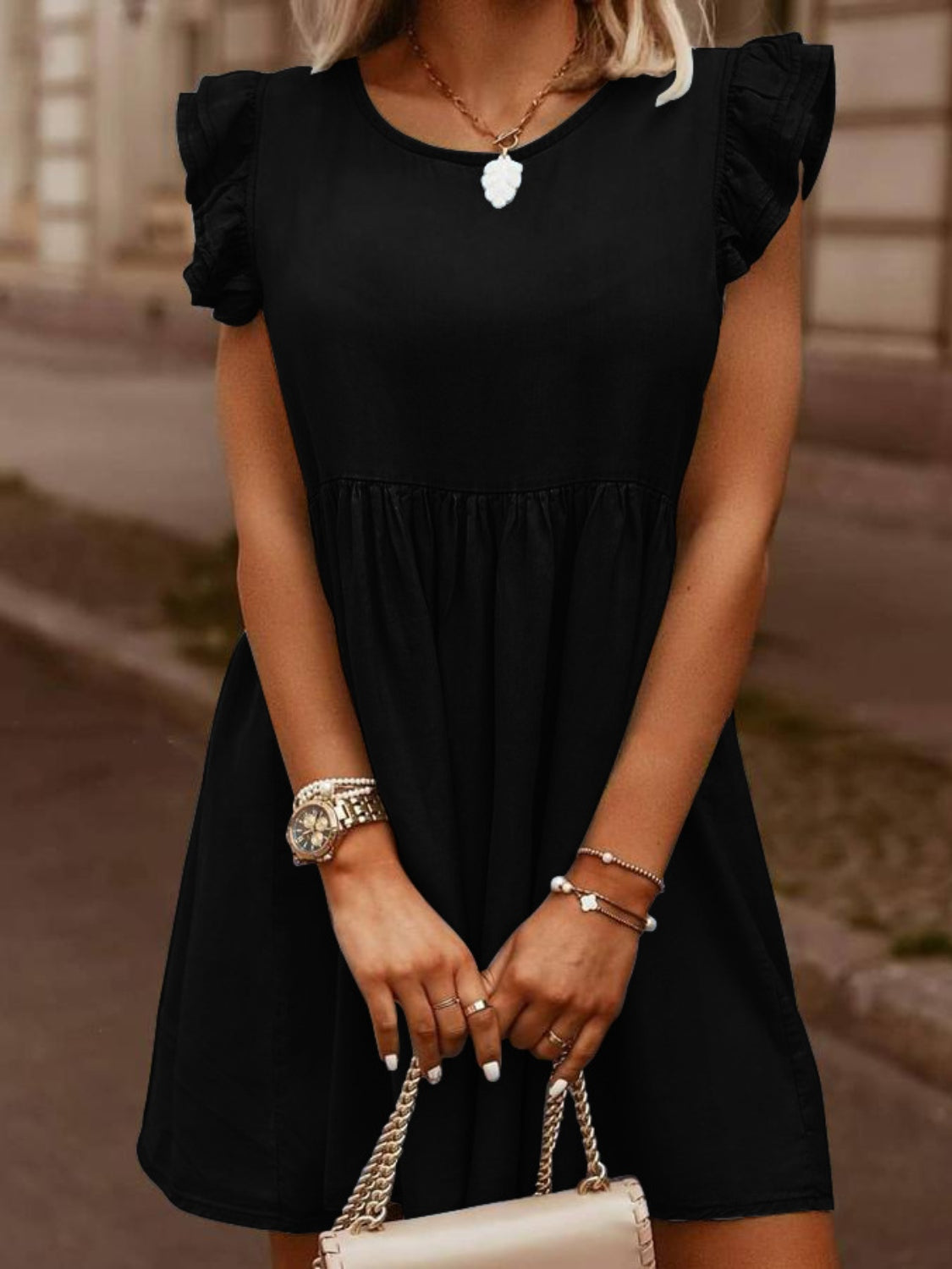 Ruffled Cap Sleeve Denim | Dress