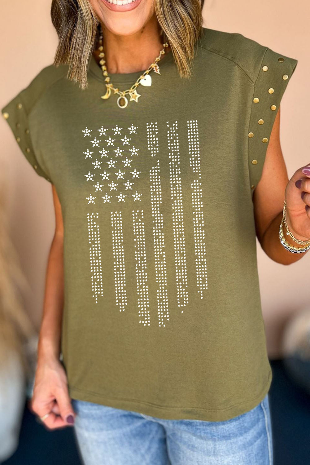 Rhinestone Flag Cap Sleeve | T-Shirt