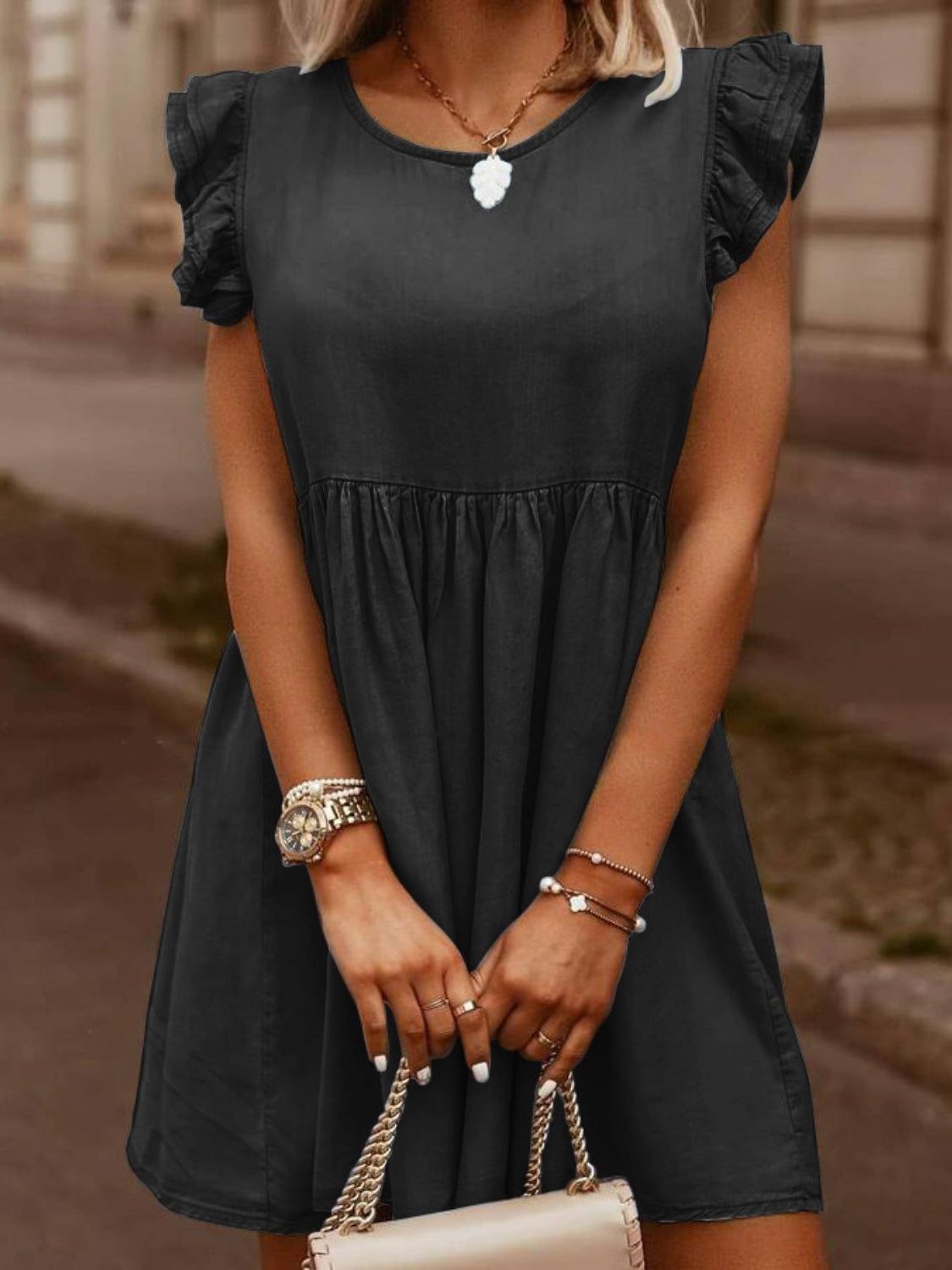 Ruffled Cap Sleeve Denim | Dress