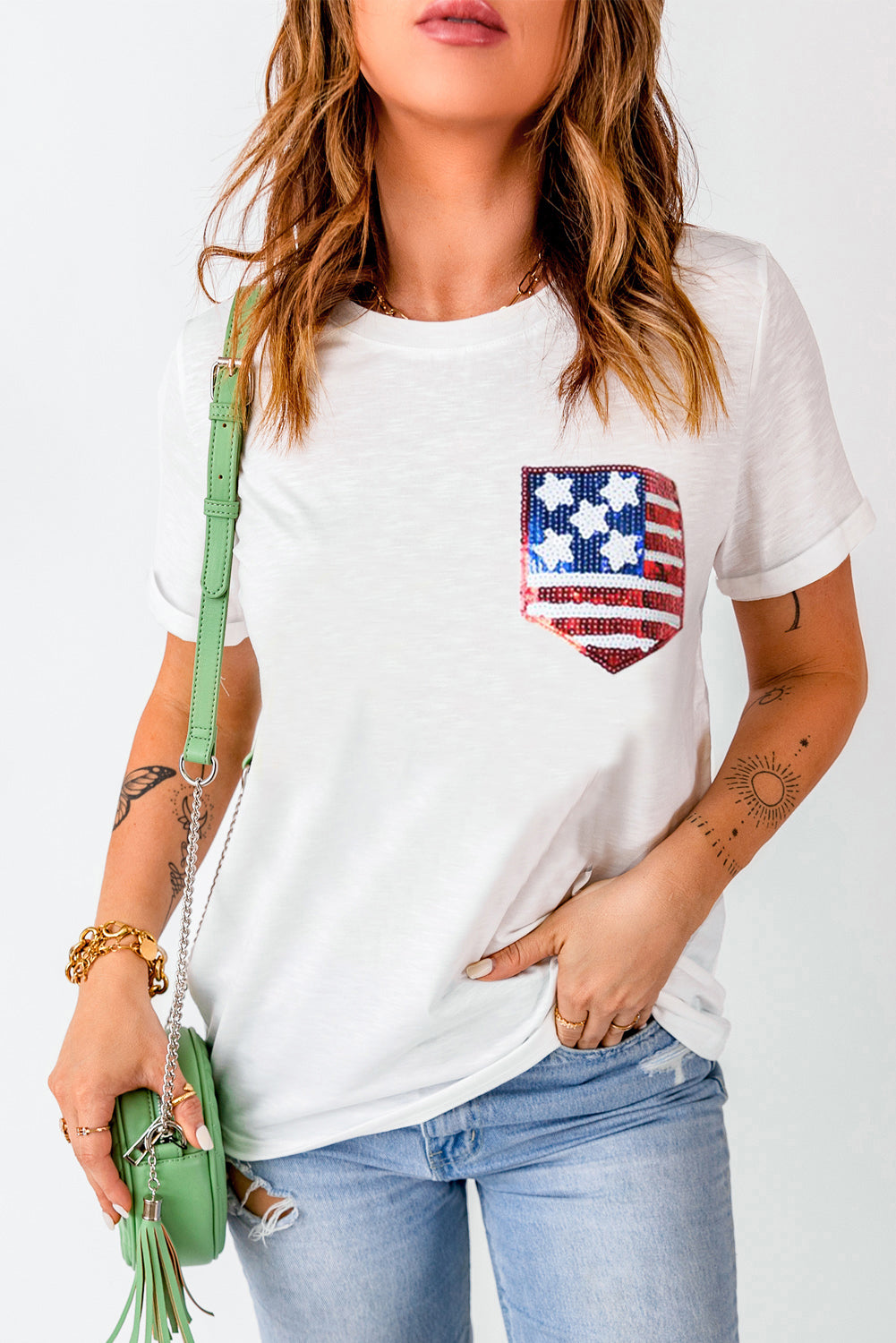 US Flag Sequin Pocket | T-Shirt