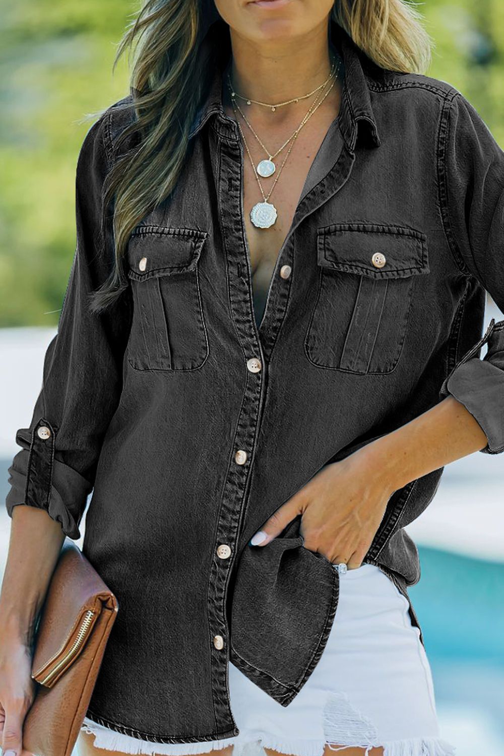 Pocketed Long Sleeve Denim | Top