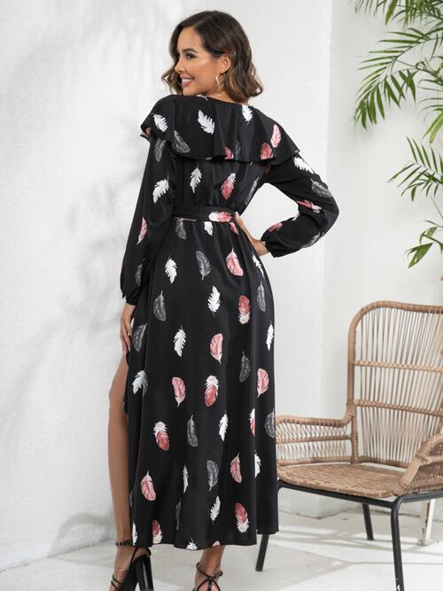 Feather Printed Tie Front | Long Sleeve Dress