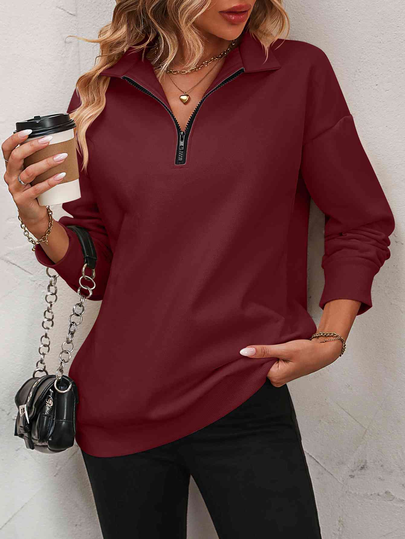 Zip-Up Dropped Shoulder | Sweatshirt