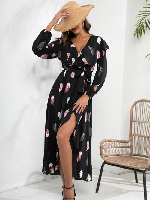 Feather Printed Tie Front | Long Sleeve Dress