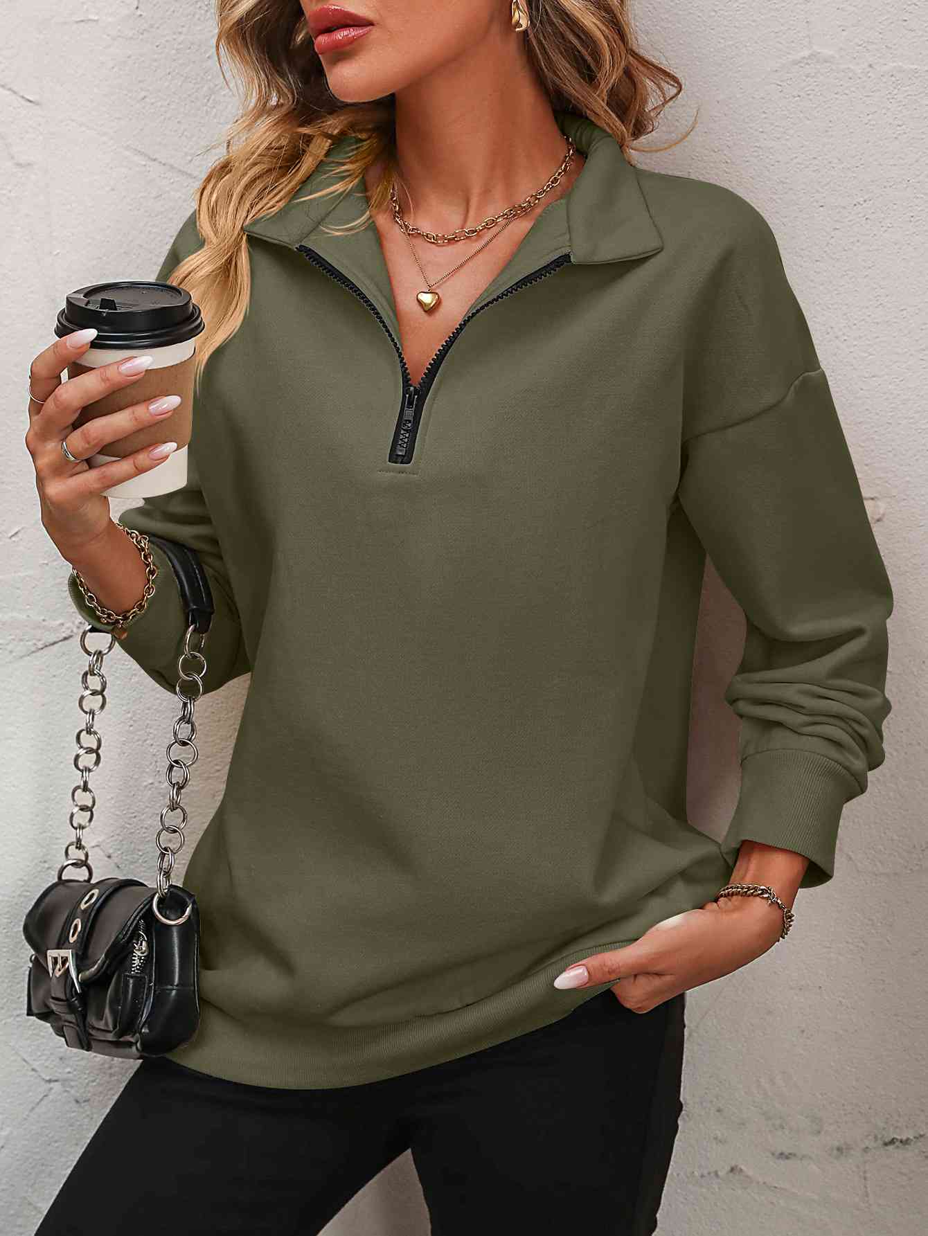 Zip-Up Dropped Shoulder | Sweatshirt
