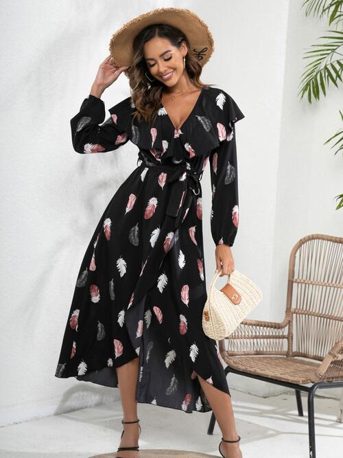 Feather Printed Tie Front | Long Sleeve Dress