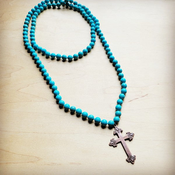 Long Turquoise Beaded w/ Copper Cross | Necklace