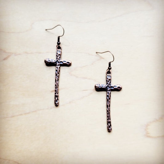 Narrow Hammered Copper Cross | Earrings