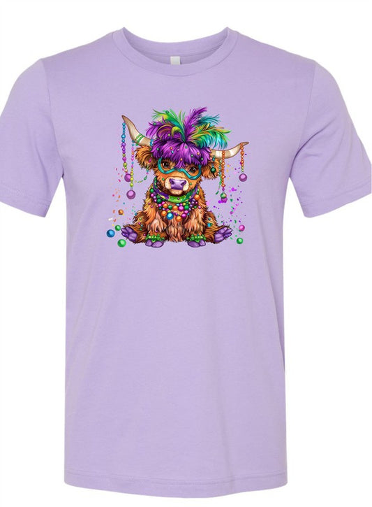 Mardi Gras Highland Cow Graphic Short Sleeve Tee