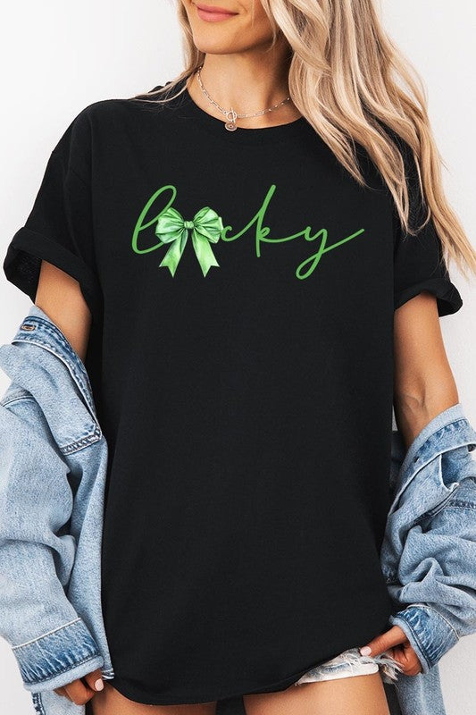 Lucky St.Patricks Day Bow Graphic Heavy Cotton Tee